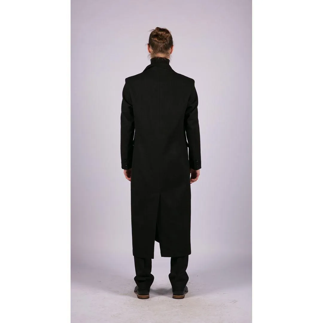 Mens Full Length Overcoat Mac Jacket Wool Feel Charcoal Black 1920s Blinders