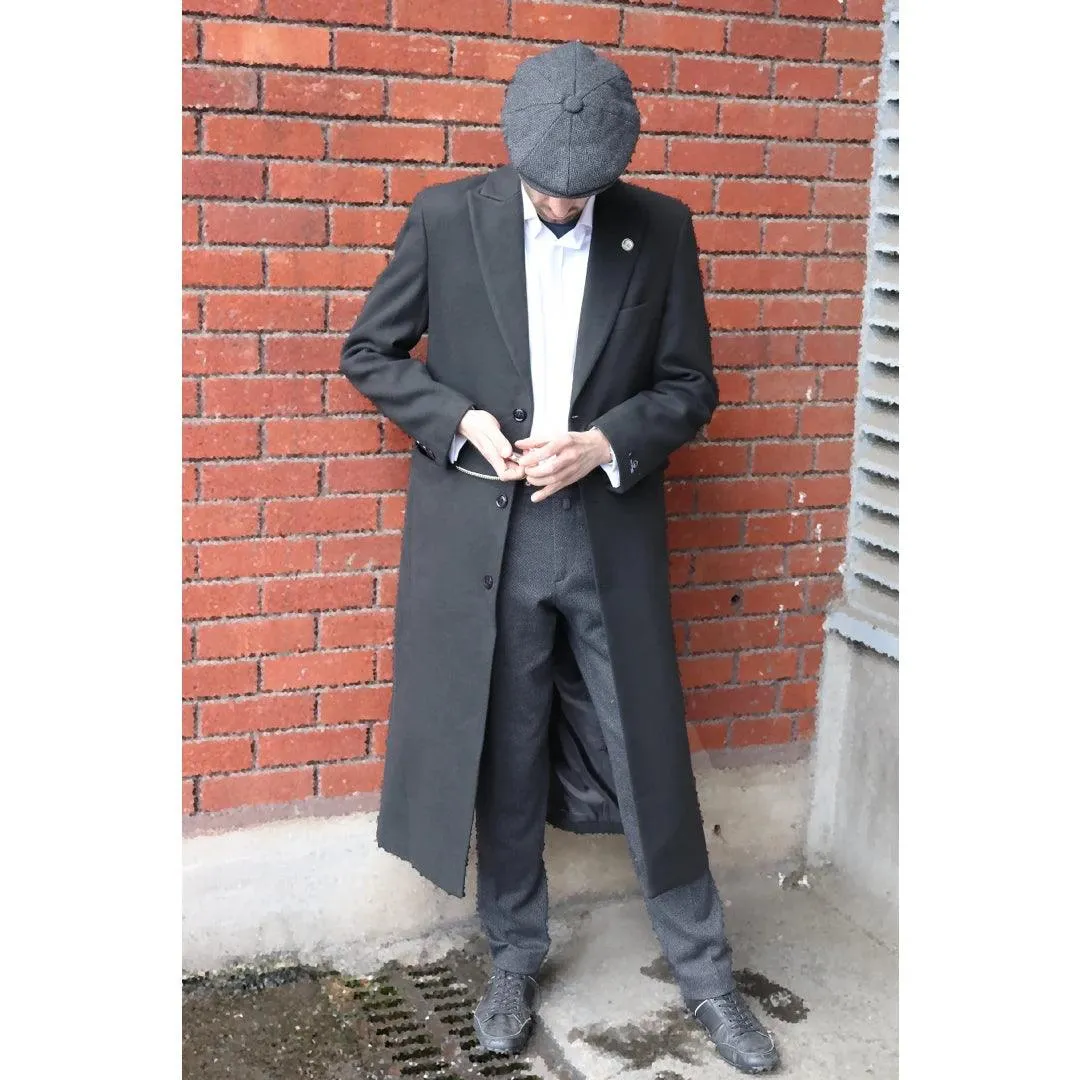 Mens Full Length Overcoat Mac Jacket Wool Feel Charcoal Black 1920s Blinders